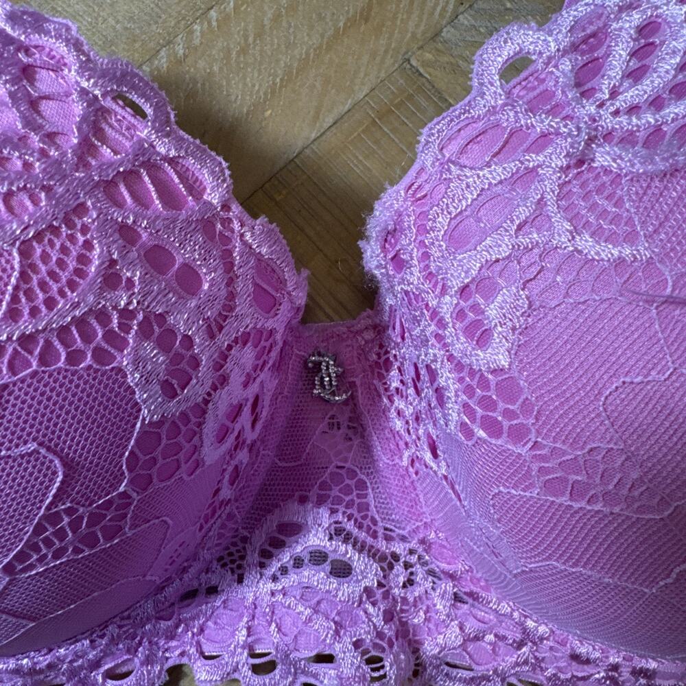 Juicy Couture Bra 36D Pink Lace Push Up Padded Y2K McBling Coquette Lingerie - Picture 2 of 9
